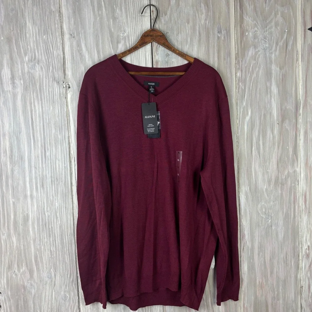 Alfani Mens XL V Neck Merino Wool‎ Blend Sweater Burgundy Red Minimalist NWT